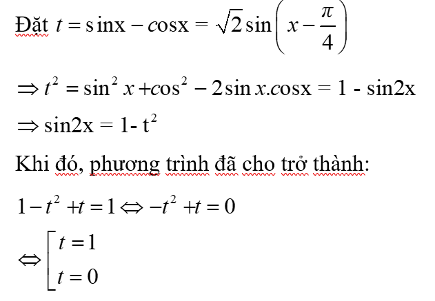 Giải phương trình sin2x + Căn 2*sin(x-π/4) = 1: A.x = pi/4 + kpi , x = pi/2+ kpi , x = pi + k2pi (ảnh 1)