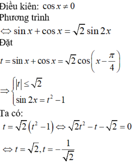 Giải phương trình 1 + tanx = 2*Căn2*sinx: A. x = pi/4 + kpi , x = 11pi/12 + kpi , x= -5pi/12 + kpi (ảnh 1)
