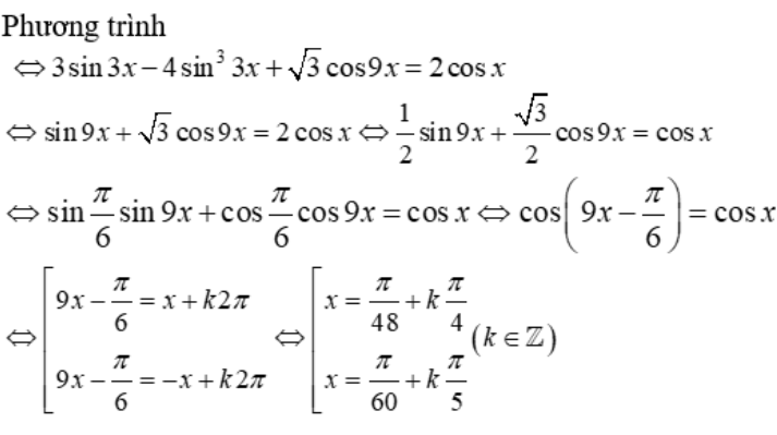 Phương trình 3sin3x + Căn3*cos9x = 2cosx + 4sin^3(3x) có số nghiệm trên (0;pi/2) là: A.2 B.3 C.4 D.5 (ảnh 1)