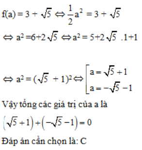 Cho hàm số y = f(x)= 1/2 x^2. Tổng các giá trị của a thỏa mãn f(a) = 3+ căn 5 A. 1  B. 2 căn 5 (ảnh 1)