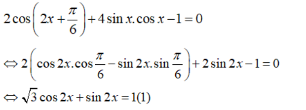 Giải phương trình 2cos(2x+pi/6) + 4sinx cosx - 1 = 0: A.x=pi/4+kpi B.x=pi/12+kpi C. x= -pi/12+ kpi (ảnh 1)