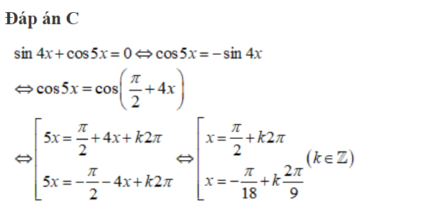 Nghiệm âm lớn nhất và nghiệm dương nhỏ của phương trình sin4x + cos5x = 0 theo thứ tự là: A.x=-pi/18; x=pi/2 (ảnh 1)