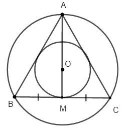 Cho tam giác ABC đều cạnh a nội tiếp đường tròn (O). Tính bán kính đường tròn nội tiếp tam giác ABC. (ảnh 1)