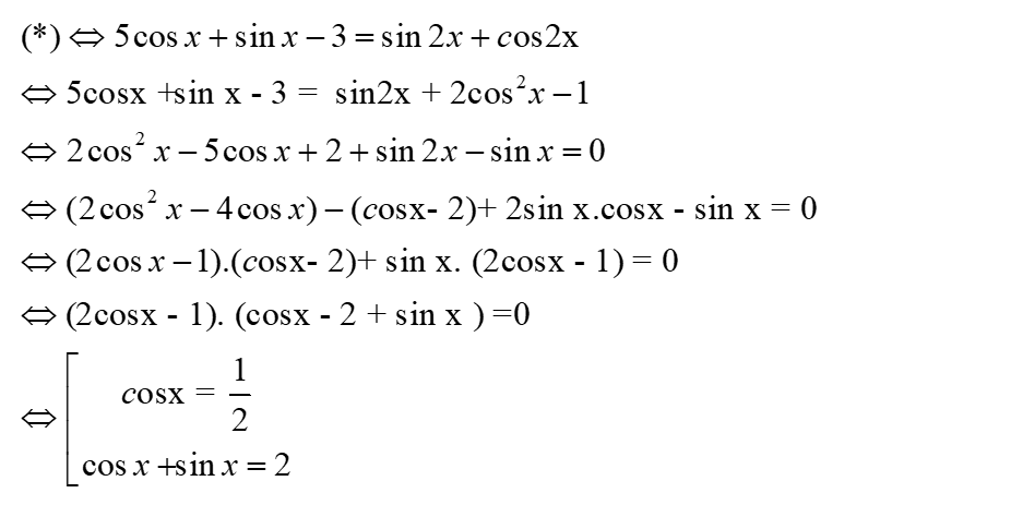 Tìm nghiệm x ∈ (0; pi) của phương trình: 5cosx + sinx - 3 = căn(2)sin(2x + pi/4): A.x=pi/3 B.x=pi/2 (ảnh 1)