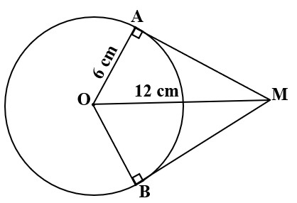 Cho đường tròn (O; 6cm) và điểm M nằm ngoài đường tròn. Qua M kẻ hai tiếp tuyến MA và MB (ảnh 1)