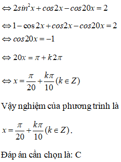 Giải phương trình sin^2 x + sin2x.sin4x +sin3x.sin9x + sin4x.sin16x = 1 A.x=pi/22+kpi/8 ( k thuộc Z) (ảnh 2)
