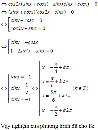 Giải phương trình cosx . cosx/2 . cos3x/2 -sinx . sinx/2 . sin3x/2=1/2: A.x=-pi/4+kpi;x=pi/6+k2pi;x=5pi/6+k2pi;x=-pi/2+k2pi(k thuộc Z) (ảnh 2)