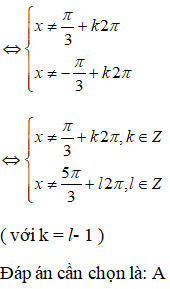 Tập xác định của hàm số y = 1 / 2cosx-1 là: A.D=R\{pi/3+k2pi,5pi/3+k2pi| k thuộc Z} B.D=R\{pi/3+k2pi|k thuôc Z} (ảnh 2)