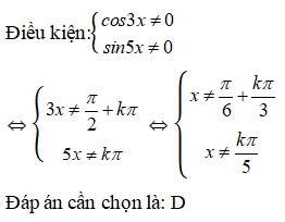 Tìm tập xác định của hàm số sau y = tan3x.cot5x : A.D=R\{pi/4+kpi/3, npi/5;k,n thuộc Z} (ảnh 1)