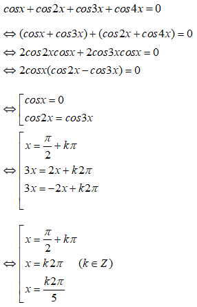 Giải phương trình cosx+cos2x+cos3x+cos4x=0. A.x = pi/3 + kpi,x=kpi,x=kpi/5 B.x=pi/2+kpi,x=k2pi,x=2kpi/5 (ảnh 1)