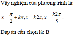 Giải phương trình cosx+cos2x+cos3x+cos4x=0. A.x = pi/3 + kpi,x=kpi,x=kpi/5 B.x=pi/2+kpi,x=k2pi,x=2kpi/5 (ảnh 2)