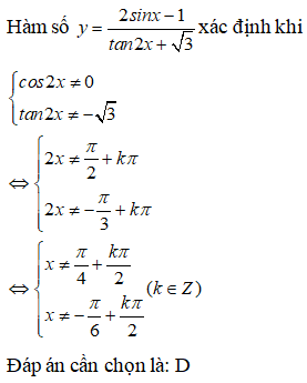 Tập xác định D của hàm số sau y = 2 sinx -1 / tan2x + căn bậc hai của 3: A.D\R{pi/6+kpi/2;pi/4+kpi/2|k thuộc Z} (ảnh 1)