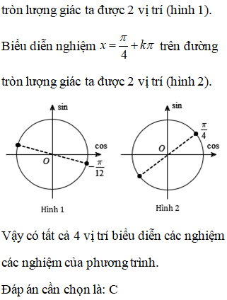 Số vị trí biểu diễn các nghiệm của phương trình sin(2x +pi/3) = 1/2 trên đường tròn lượng giác là? A.1 B.2 C.4 D.6 (ảnh 2)