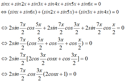 Giải phương trình sinx +sin2x +sin3x +sin4x +sin5x +sin6x = 0: A.x=pi/6+k2pi/3,x=cộng trừ 2pi/3+2kpi (ảnh 1)