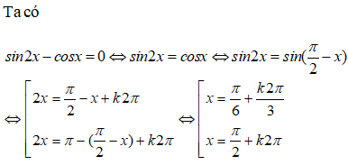 Tính tổng T các nghiệm của phương trình sin2x-cosx=0 trên [0;2pi]: A.T=3pi B.T=5pi/2 C.T=2pi D.T=pi (ảnh 1)