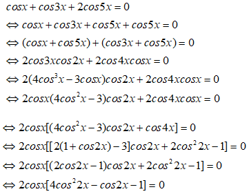 Giải phương trình cosx +cos3x +2cos5x = 0: A.x = pi/2 +kpi,x= cộng trừ 1/5 arccos (1+căn bậc hai của 17)/8+kpi (ảnh 1)