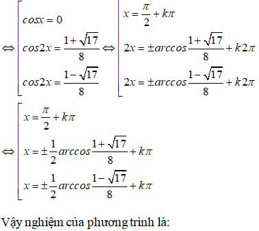 Giải phương trình cosx +cos3x +2cos5x = 0: A.x = pi/2 +kpi,x= cộng trừ 1/5 arccos (1+căn bậc hai của 17)/8+kpi (ảnh 2)