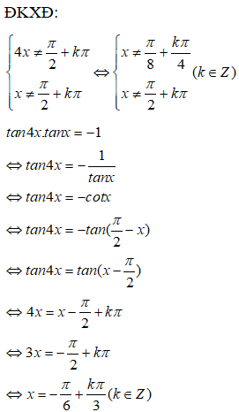 Cho phương trình tan4x. tanx = −1. Nghiệm của phương trình là: A.pi/6+kpi/3(k thuộc Z,k khác 2+3m,m thuộc Z) (ảnh 1)