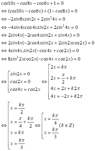 Một họ nghiệm của phương trình cos10x -cos8x -cos6x +1 =0: A.x=pi/3+kpi B.pi/3+kpi/4 C.x=pi/3+2kpi (ảnh 1)