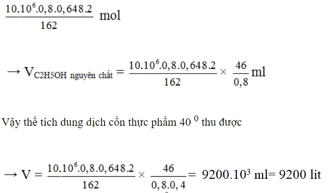 Cho khối lượng riêng của cồn nguyên chất là D = 0,8 g/ml. Hỏi từ 10 tấn vỏ bào (ảnh 1)
