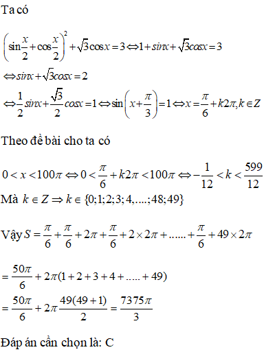 Gọi S là tập hợp các nghiệm thuộc khoảng (0;100pi) của phương trình(sĩn/2+cosx/2)^2+căn 3 cosx=3.Tổng các phần tử của S (ảnh 1)