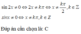 Tập hợp R\{k pi | k thuộc Z}  không phải là tập xác định của hàm số nào? A.y=(1-cosx)/sin2x B.y=(1-cosx)/2sinx (ảnh 1)