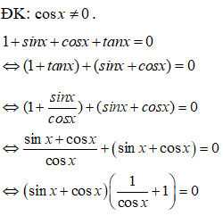Giải phương trình 1+sinx+cosx+tanx=0. A.x = pi + k2pi,x=pi/4+kpi  B.x = pi + k2pi,x=-pi/4+k2pi (ảnh 1)