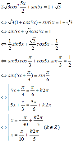 Tổng các nghiệm thuộc đoạn [0;pi/2] của phương trình 2.căn bậc hai của 3.cos^2.5x/2+sin5x=1+ căn bậc hai của 3 là: (ảnh 1)