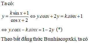 Tìm k để giá trị nhỏ nhất của hàm số y = k sinx +1 / cosx +2 lớn hơn -1 : A. giá trị tuyệt đối của k < căn bậc hai của 2 (ảnh 1)