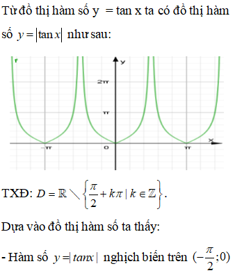 Khẳng định nào sau đây là đúng? A.y = |tanx| đồng biến trong [-pi/2;pi/2] B.y=|tanx| là hàm số chẵn trên D=R\{pi/2+kpi|k thuộc Z} (ảnh 1)