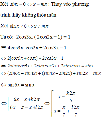 Tổng các nghiệm của phương trình 2cos3x(2cos2x+1)=1 trên đoạn [ -4pi;6pi] là: A.61pi B.72pi C.50pi D.56pi (ảnh 1)