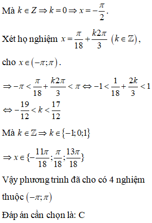 Số nghiệm của phương trình cos(x-pi/3) = cos(2x+pi/6) trên(-pi;pi) là: A.1 B.2 C.4 D.3 (ảnh 2)