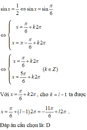 Một trong các họ nghiệm của phương trình sinx =1/2 là: A.x=pi/3+k2pi B.x=pi/6+kpi (ảnh 1)