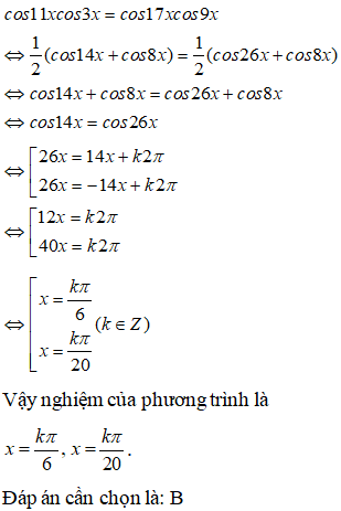 Phương trình cos11x.cos3x = cos17x.cos9x có nghiệm là: A.x=kpi/6,x=kpi/10 B.x=kpi/6,x=kpi/20 (ảnh 1)