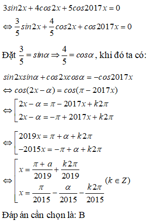 Phương trình 3sin2x+4cos2x+5cos2017x=0 có số họ nghiệm là: A.1 B.2 C.3 D. Vô nghiệm (ảnh 1)