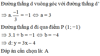 Cho đường thẳng d vuông góc với d’: y = -1/3 x và d đi qua P(1;−1). Khi đó phương trình  (ảnh 1)