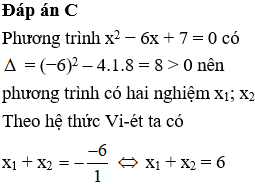 Không giải phương trình, tính tổng hai nghiệm (nếu có) của phương trình x^2-6x + 7= 0 (ảnh 1)