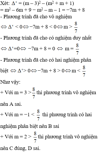 Cho phương trình x^2 + 2(m – 3)x + m^2 + m + 1 = 0 (1). Khẳng định nào trong các khẳng định sau đúng: (ảnh 1)