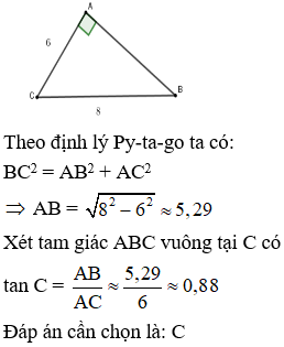 Cho tam giác ABC vuông tại A có BC = 8cm, AC = 6cm Tính tỉ số lượng giác tanC. (ảnh 1)