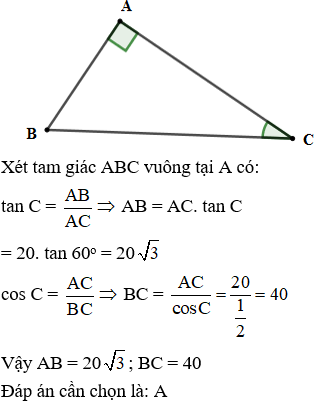 Cho tam giác ABC vuông tại A có AC = 20cm,  góc C = 60 độ Tính AB, BC  AB+ 20 căn 3 (ảnh 1)