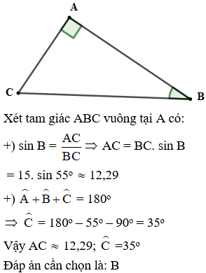 Cho tam giác ABC vuông tại A có BC = 15cm góc B=55 độ Tính AC;  góc C  (làm tròn đến chữ số thập phân thứ hai) (ảnh 1)