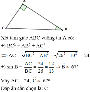 Cho tam giác ABC vuông tại A có BC = 26cm, AB = 10cm. Tính AC, góc B ( làm tròn đến độ) (ảnh 1)