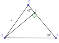 Cho tam giác DEF có DE = 7cm; góc D = 40 độ , góc F = 58 độ Kẻ đường cao EI của tam giác đó (ảnh 1)