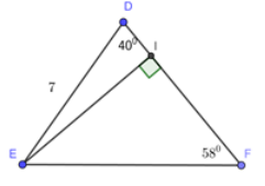 Cho tam giác DEF có DE = 7cm; góc D = 40 độ; góc F = 58 độ. Kẻ đường cao EI của tam giác đó (ảnh 1)