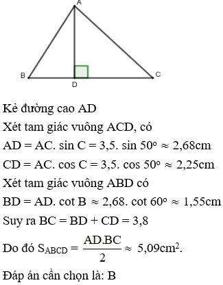 Cho tam giác ABC có   góc B= 60 độ góc C  = 55 độ, AC = 3,5cm. Diện tích tam giác ABC gần nhất với giá trị  (ảnh 1)