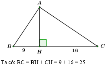 Cho tam giác ABC vuông tại A, đường cao AH, biết HB = 9; HC = 16 Tính góc B và góc C. (ảnh 1)