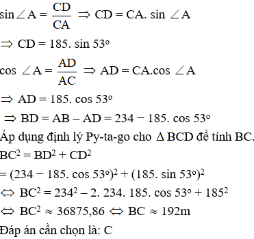 Tính khoảng cách giữa hai điểm B và C, biết rằng từ vị trí A ta đo được: AB = 234m, (ảnh 3)