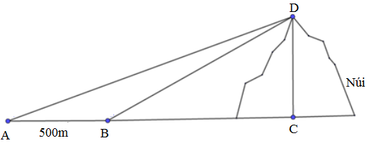 Tính chiều cao của một ngọn núi (làm tròn đến mét), biết tại hai điểm A B cách nhau 500m (ảnh 1)