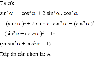 Giá trị biểu thức sin^4 alpha +  cos^4 alpha + 2sin^2 alpha. cos^2 alpha là  A. 1  B. 2  C. 4  D. -1 (ảnh 1)
