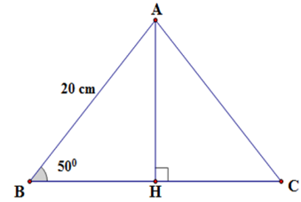 Cạnh bên của tam giác ABC cân tại A dài 20cm, góc ở đáy là 50 độ Độ dài cạnh đáy của tam giác cân là? (ảnh 1)
